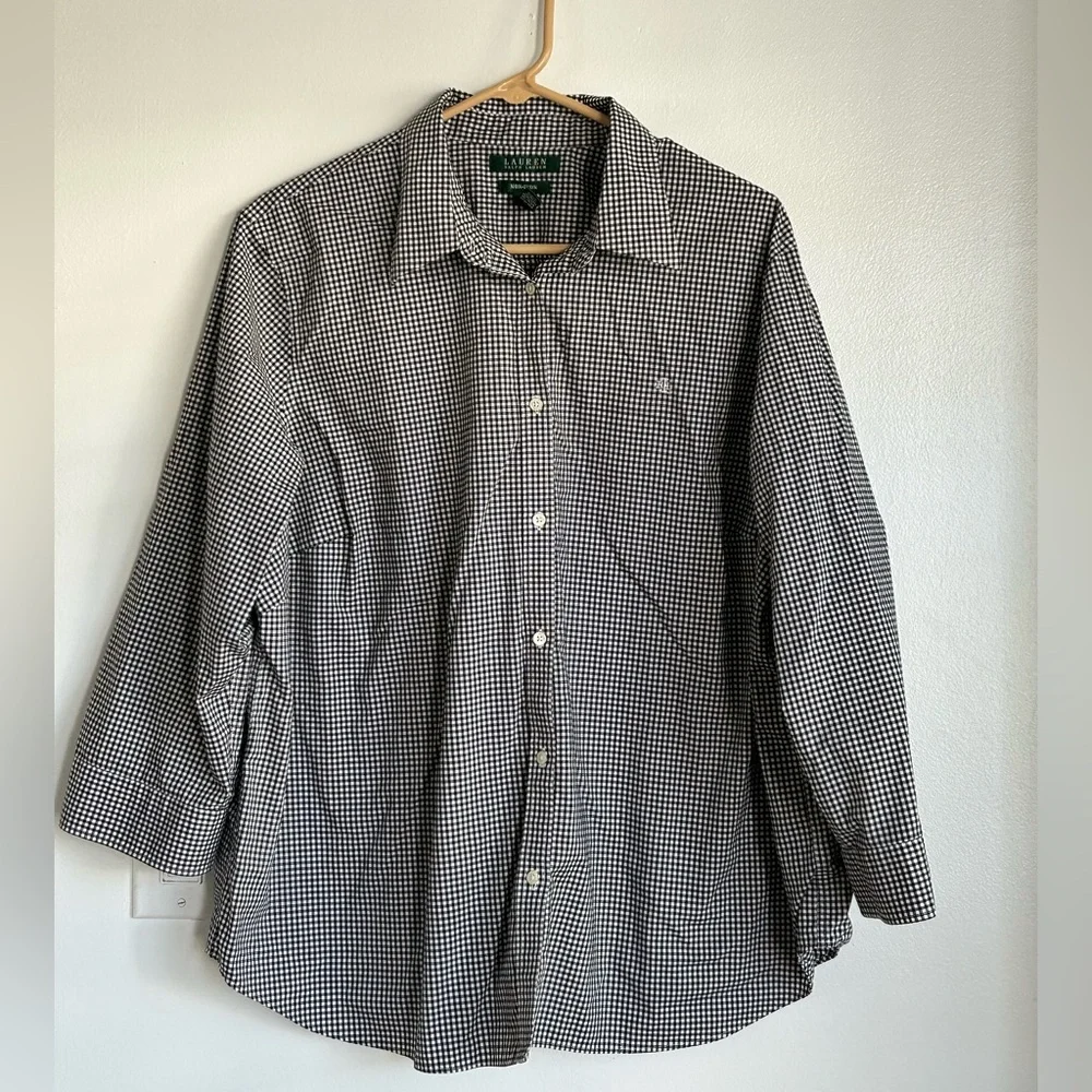 LRL Black & White Gingham Button Down Top Plus Size 2X Plaid Classic Preppy - Picture 2 of 6